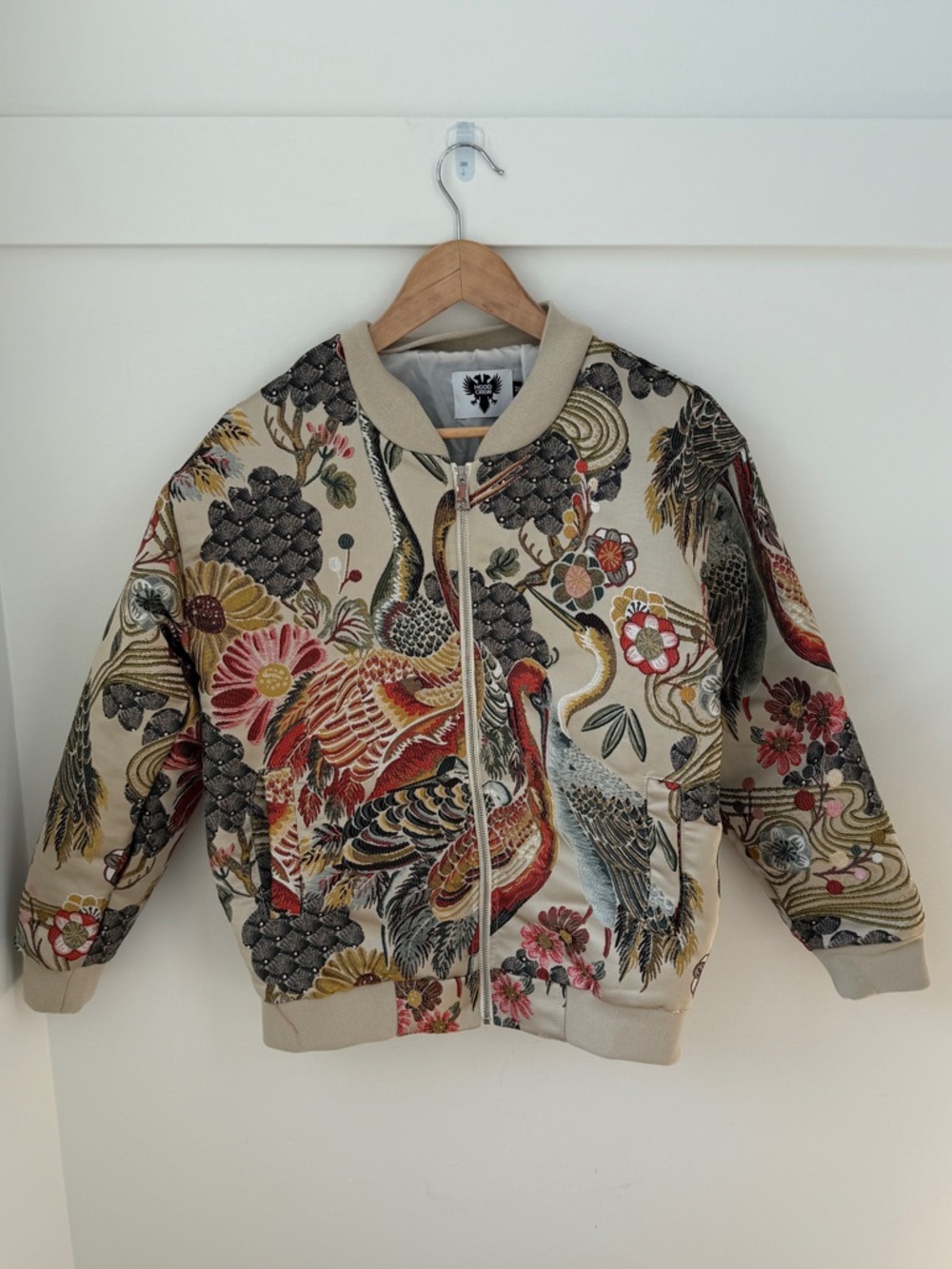 Hood Crew Embroidered Streetwear Bomber Jacket with Japanese Crane